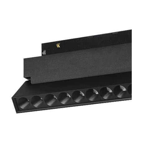Magneto 20W Linear Track Light in black, showing the slim aluminium bar with multiple round LED lenses and adjoining track mount, on a plain white background.