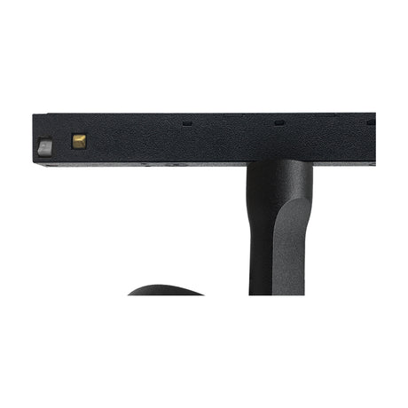 Close-up of the Magneto 10W Track Light in black, showing the 75mm disc head on an angled stem mounted to the aluminium track, LED integrated, on a plain white background.