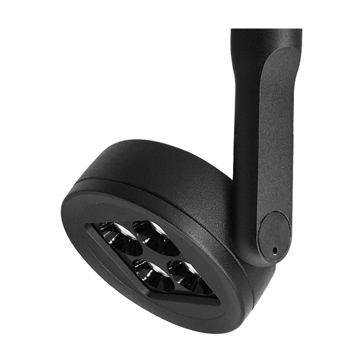 Close-up of the Magneto 10W Track Light in black, showing the round 75mm disc head with integrated LED array, mounted on a straight arm, against a white background.