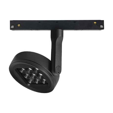 Magneto Disc Track Light in black, a round 65mm LED spotlight head with integrated multi-point diffuser lens on an angled arm, mounted to a magnetic track bar, shown on a plain white background.