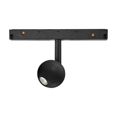 Magneto 7W Track Light 55mm 3000K in black, showing a black magnetic track bar with an adjustable spherical spotlight head on a stem, set against a plain white background.