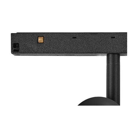 Magneto 7W Track Light in black aluminium, side view showing the magnetic track connector, adjustable ball head and rod arm, on a plain white background.