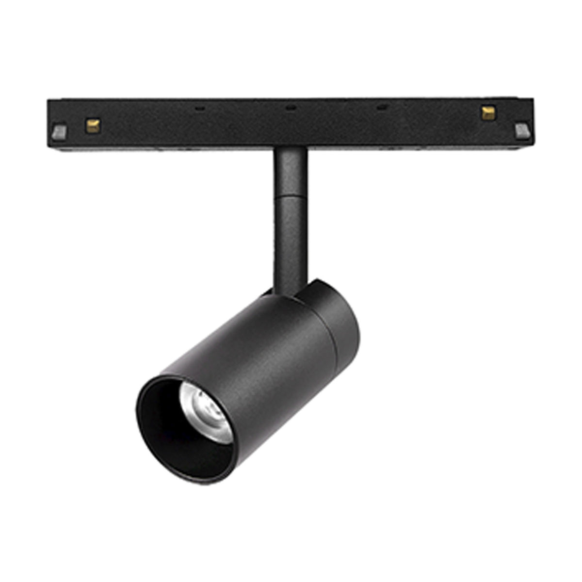 Magneto 7W Dimmable Track Light in matt black, showing a slim cylindrical spot head with integrated LED on a black track bar, 3000K, on a white background.