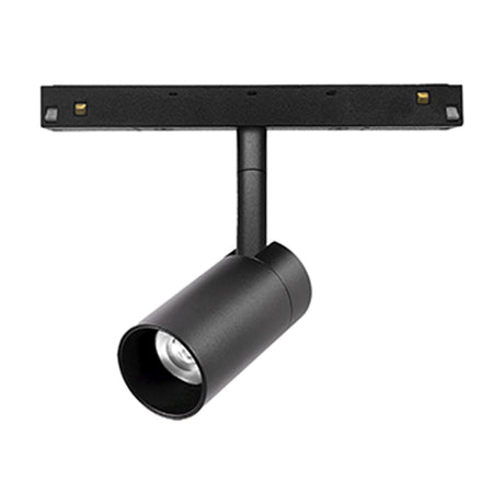 Magneto 7W Dimmable Track Light in matt black, showing a slim cylindrical spot head with integrated LED on a black track bar, 3000K, on a white background.