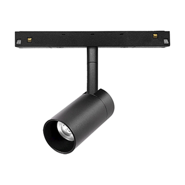 Magneto 7W Dimmable Track Light in matt black, showing a slim cylindrical spot head with integrated LED on a black track bar, 3000K, on a white background.