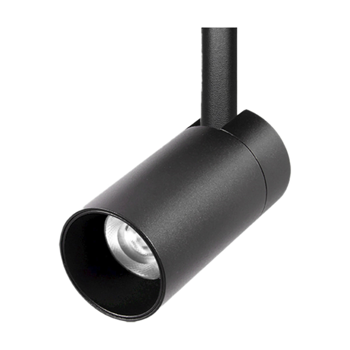 Magneto 7W Dimmable Track Light in matte black, close-up of the cylindrical spot head with visible LED lens, mounted on a track rod against a plain white background.