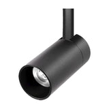 Magneto 7W Dimmable Track Light in matte black, close-up of the cylindrical spot head with visible LED lens, mounted on a track rod against a plain white background.