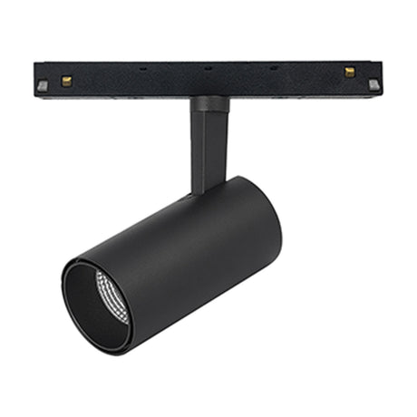Magneto Dimmable Track Light in black, a cylindrical 65mm spotlight head with adjustable neck mounted on a black track bar, shown on a plain white background.