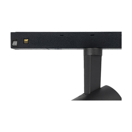 Close-up of the Magneto Dimmable Track Light head in black, showing the 65mm body, connector pins, and mounting arm on a plain white background.