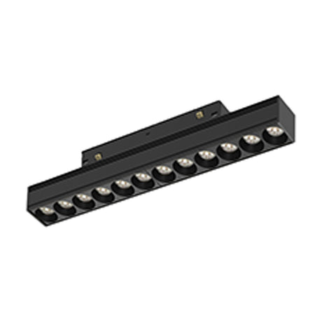 Magneto 12W Linear Dimmable Track Light, 25cm black aluminium bar with multiple integrated LED lenses along its length, shown at an angle on a plain white background.