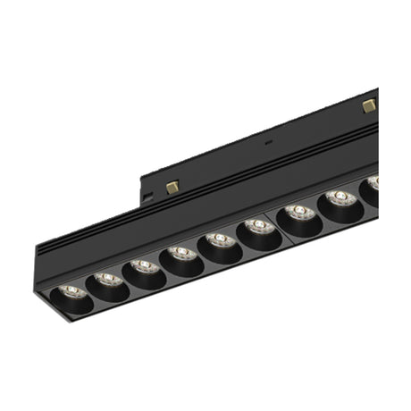 Magneto 12W Linear Dimmable Track Light, a black aluminium bar with nine round recessed LED lenses in a row, shown on a plain white background.