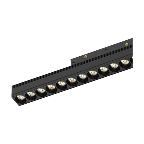 Magneto 18W Linear Dimmable Track Light in black, 37cm bar with a row of integrated LED spotlights, 3000K warm white, shown on a plain white background.