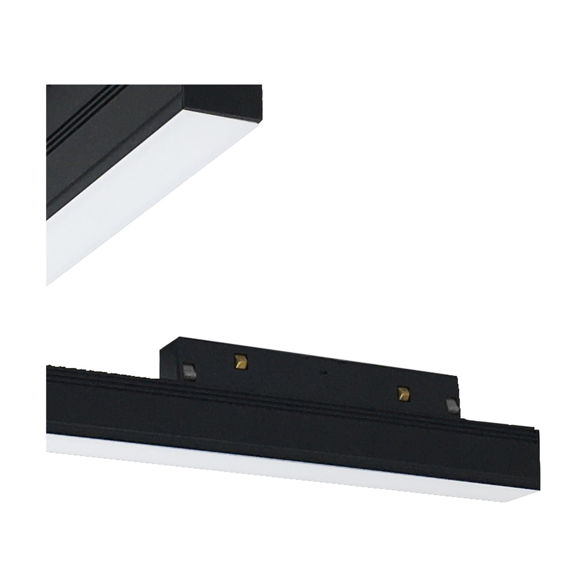 Magneto 16W Dimmable Track Light, black aluminium linear bar with white diffused face and rear connector pins, shown in close-up on a plain white background.