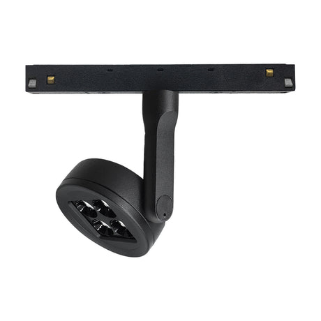 Magneto 10W Dimmable Track Light with a black magnetic track bar and adjustable round 75mm spotlight head featuring integral LED, shown on a plain white background.