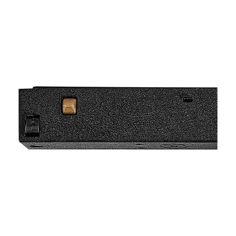 Magneto 7W Dimmable Track Light in black aluminium, close-up underside view showing track connector and brass contact point on a white background.