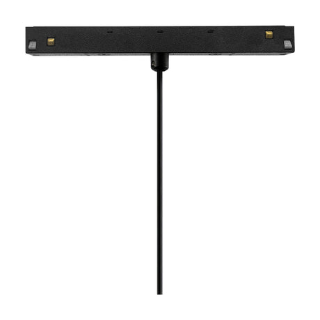 Magneto 5W Dimmable Track Light in black, shown from below with a slim textured bar, two magnetic connectors, and a long straight rod on a plain white background.