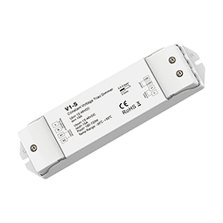 Magneto LED Controller, a white rectangular dimming unit with printed specifications, terminal blocks, mounting brackets and screws, shown on a plain background.