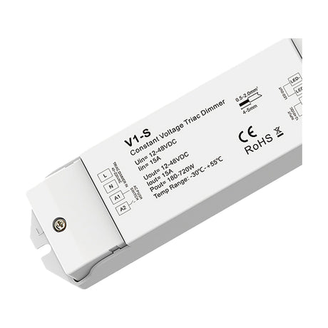Magneto LED Controller in white casing, showing terminal labels, wiring diagram, CE and RoHS marks on a plain background.