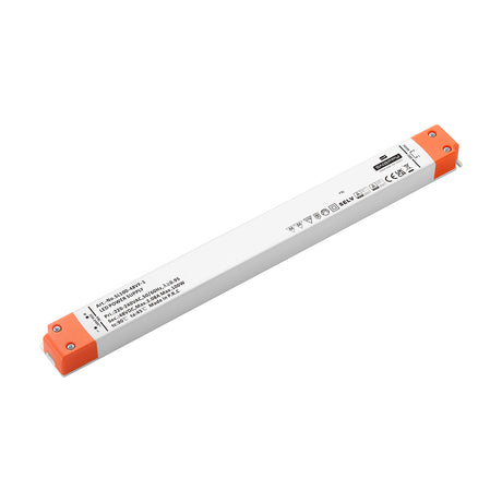 Magneto 100W LED Driver, a slim white bar-shaped unit with orange end caps and printed specifications, shown at an angle on a plain white background.