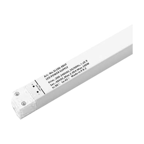 Magneto 100W LED Driver, a long narrow white plastic bar with printed specifications and mounting screws, shown at an angle on a plain white background.