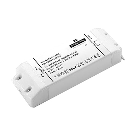 Magneto 150W LED Driver, slim white rectangular casing with printed specification label and mounting holes, shown on a plain white background.
