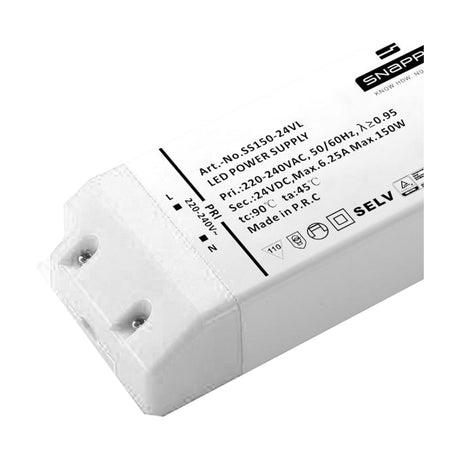 Magneto 150W LED Driver, white plastic casing with printed specifications and two-terminal input connector, shown at an angle on a plain white background.
