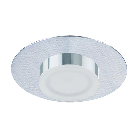 Round recessed downlight fitting with brushed metal outer ring, chrome inner trim, and frosted circular diffuser, shown on a white background.