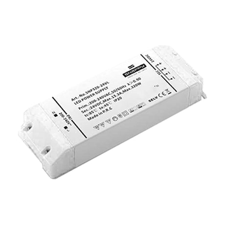 Magneto 320W LED Driver, white rectangular power supply unit with printed specifications and terminal connectors, shown at an angle on a plain background.