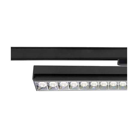 Close-up of the Creta 30W Track Light, a slim black aluminium bar fitted to track, with integrated LED lenses visible along its length against a white background.