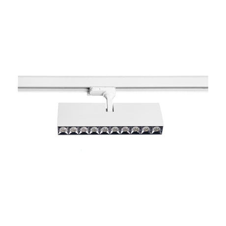 Itaca 30W Track Light, a 27cm white linear bar head with ten LED spotlights, mounted via a pivoting bracket on a white track, shown on a plain background.
