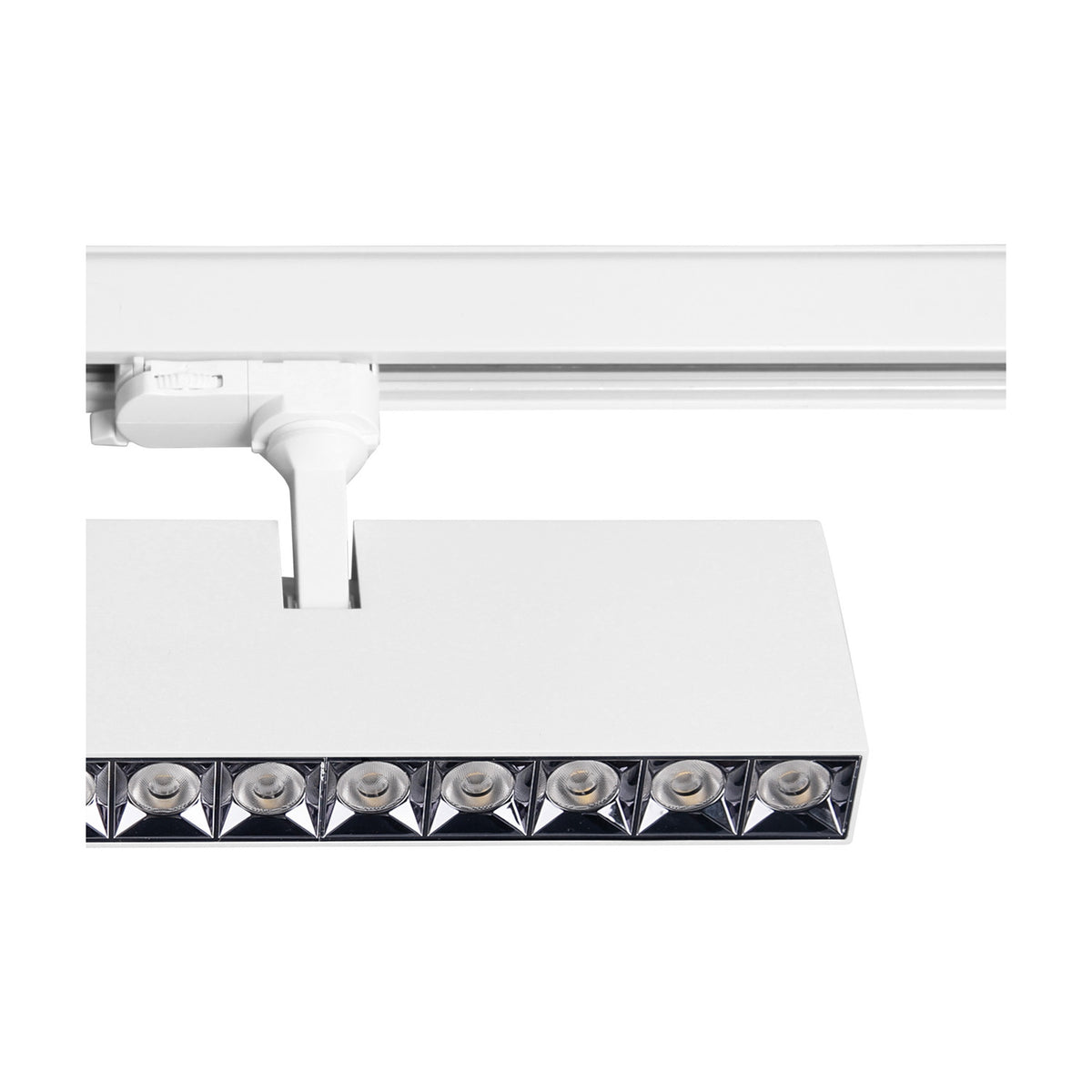 Itaca 30W Track Light in white, a compact 27cm linear bar fixture with multiple LED lenses, mounted on a white track via a pivoting adaptor, shown against a plain white background.