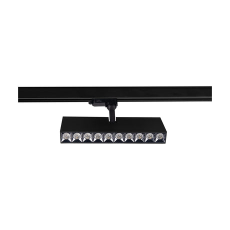 Itaca 30W Track Light, a compact black aluminium bar with ten integrated LED spotlights, 27cm long, 3000K warm white, mounted on a black track against a plain white background.