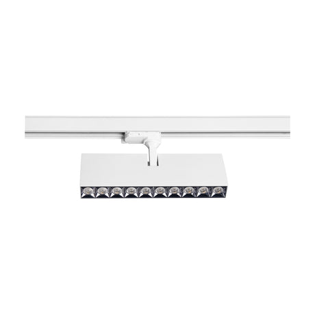 Itaca 30W Track Light, a white aluminium linear head with ten integrated LED spotlights, mounted on a white track rail against a plain background.