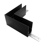 Magneto Deep 3 Connector Surface L-Joint 90º track connector in matt black aluminium, shown at an angled corner with metal mounting plates, on a plain white background.