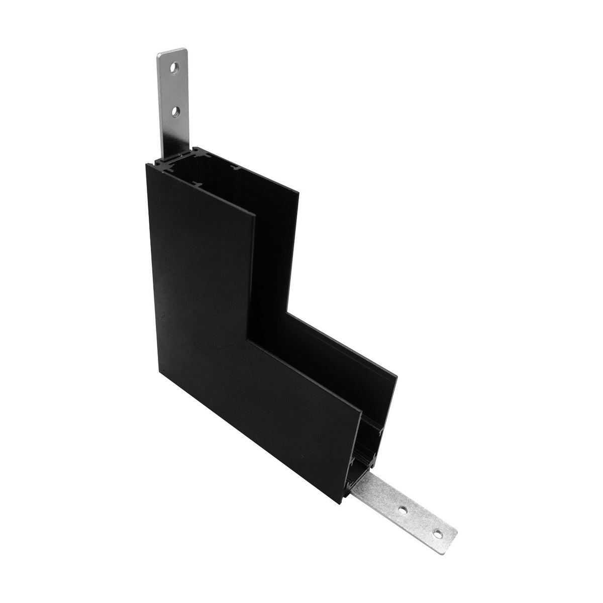 Magneto Deep 3 Connector Surface L-Joint in matte black aluminium, an L-shaped corner track connector with two flat mounting brackets, shown on a plain white background.