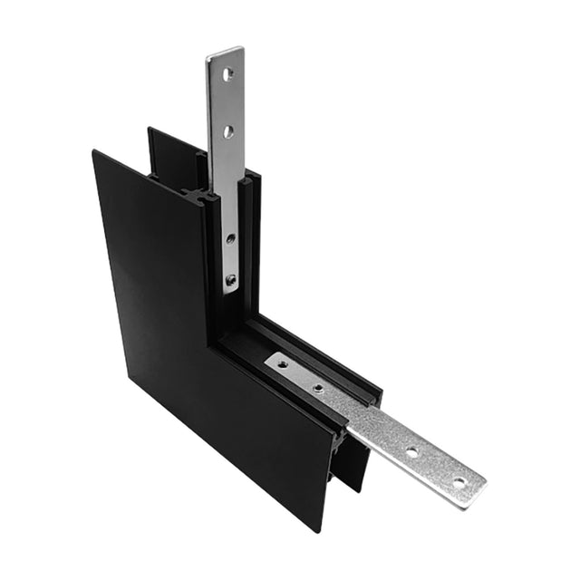 Magneto Deep 3 Connector Surface L-Joint in black aluminium, shown at an angled corner with metal mounting plates for wall-to-wall track connection on a white background.