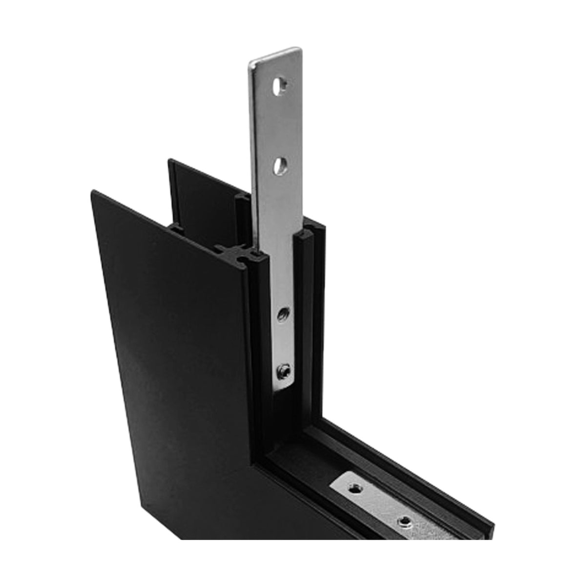 Magneto Deep 3 Connector L-Joint surface track corner piece in black aluminium, shown with a metal mounting bracket inserted into the channel on a white background.
