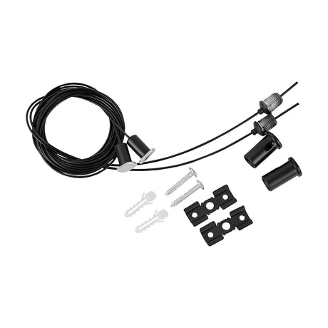 Magneto Suspension Kit 2m Long in black, showing coiled cable, adjustable connectors, ceiling brackets, screws and wall plugs on a white background.