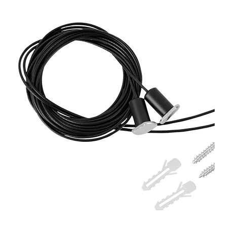Magneto Suspension Kit 2m in black, coiled cable with two cylindrical connectors, shown with wall plugs and screws on a plain white background.