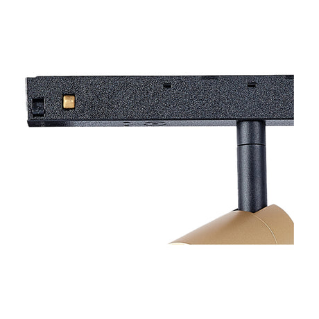 Magneto 5W Track Light 35mm 3000K in Gold, close-up of black track connector with gold spotlight head and cylindrical black mount on white background.