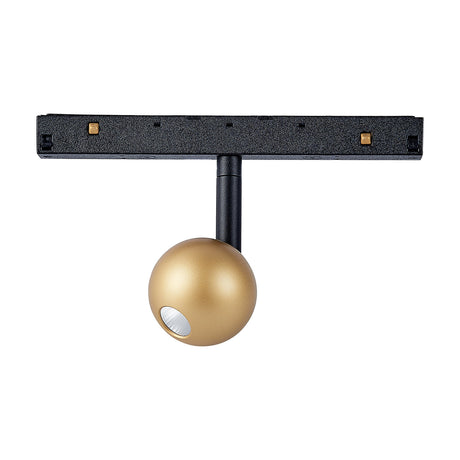 Magneto 7W Track Light with a black rail and adjustable arm holding a round gold spotlight head, 55mm, 3000K warm white, shown on a white background.