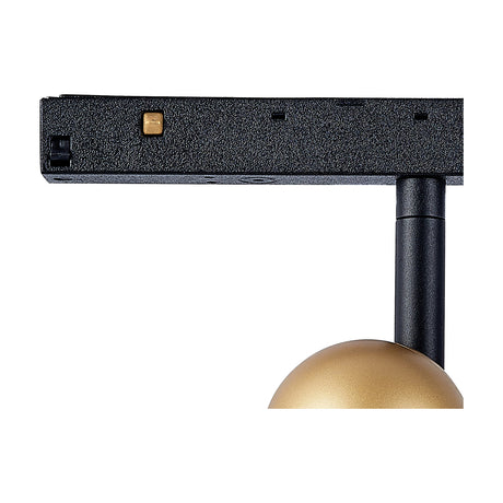 Magneto 7W Track Light 55mm 3000K in gold, close-up of the black track adaptor and slim rod connecting to a round gold spotlight head, shown against a white background.