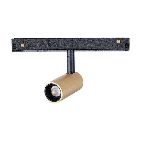 Magneto 5W Dimmable Track Light in gold with black detailing, cylindrical spotlight head on an adjustable stem attached to a black track base, shown on a plain white background.