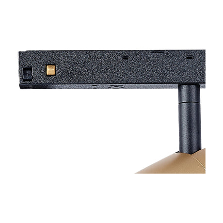 Close-up of the Magneto 5W track light's black textured track connector and adjustable stem, with gold spotlight head partially visible, on a plain white background.