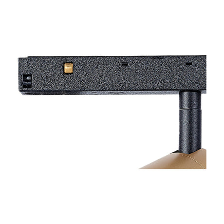 Close-up of the Magneto 7W Dimmable Track Light's black textured track base with gold connector and mounting cylinder, shown against a plain white background.