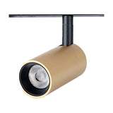 Magneto 7W Dimmable Track Light in gold with black head, cylindrical 43mm spotlight on a black track rail, shown against a plain white background.