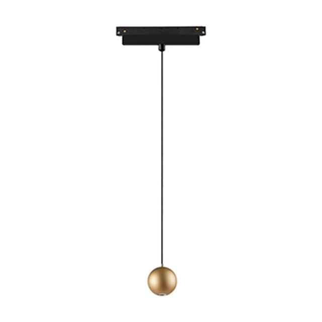 Magneto Track Light pendant with black track mount, slim suspension cable, and small gold ball head, shown on a plain white background.