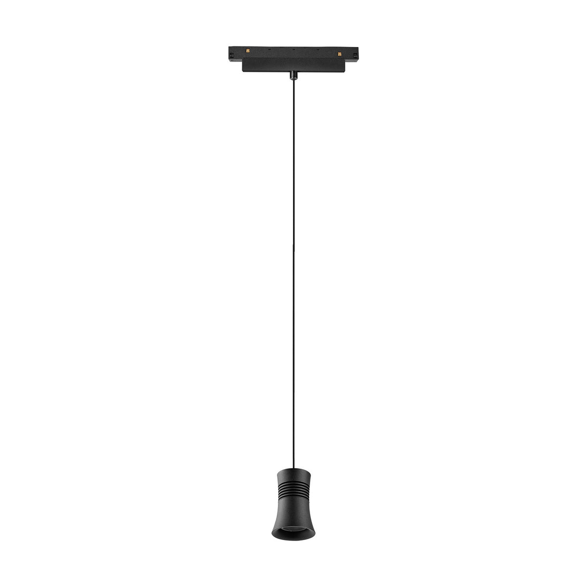 Magneto 12W Cone Track Light in black, showing a slim pendant cable and tapered cone shade suspended from a magnetic track adapter on a plain white background.