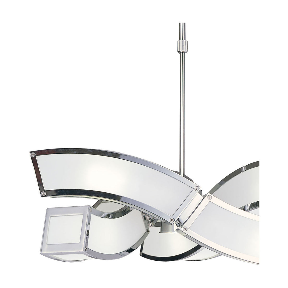 A chrome ceiling rod suspends a sculptural p