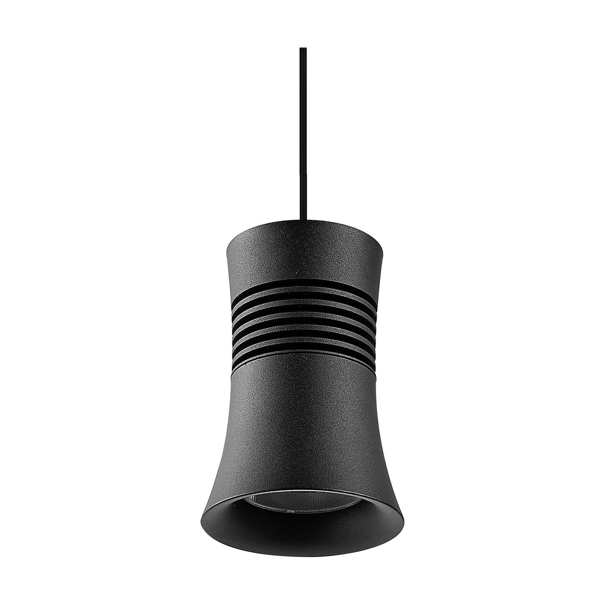 Magneto 12W Cone Track Light in black, cone-shaped aluminium fixture with ribbed centre band suspended on a cable, shown against a plain white background.
